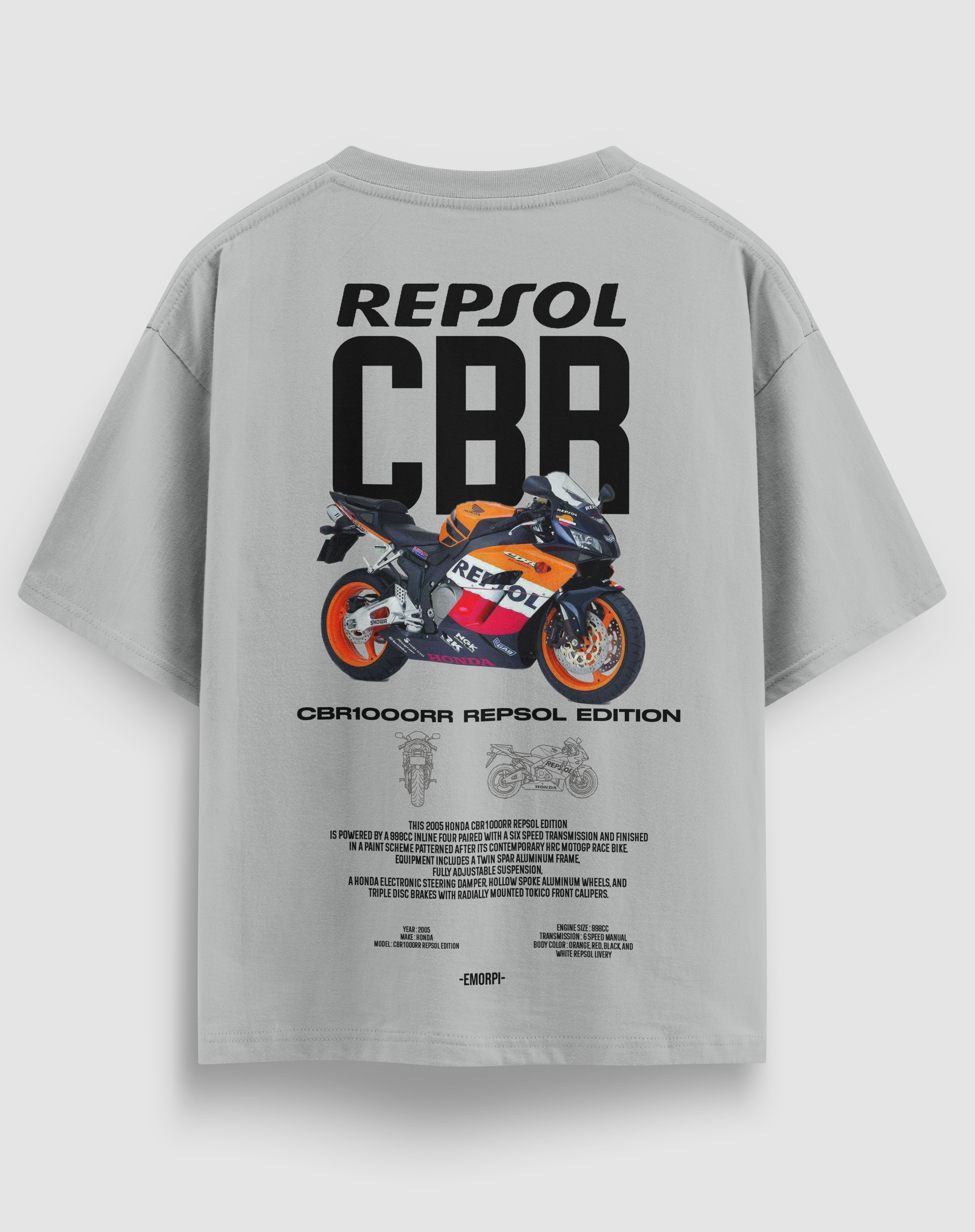 Repsol CBR baskılı motorcu tişört, gri, arkadan görünüm. Repsol renklerinde CBR1000RR çizimli sırt baskısı